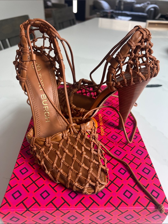 Tory Burch Shoes - Tory Burch Cognac Woven Leather Lace-Up Heels